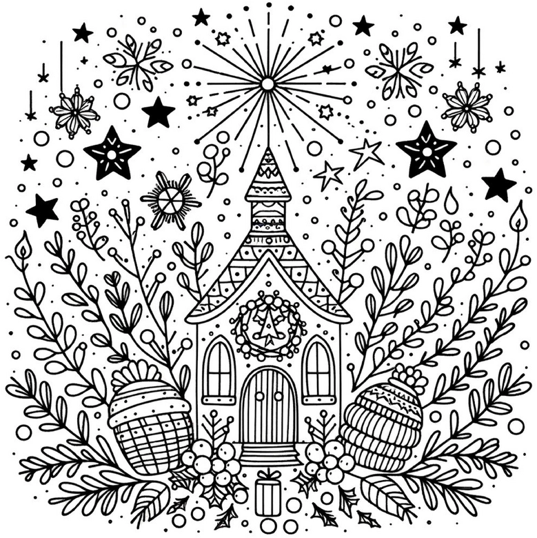 weihnachtshaus-mit-pflanzen-ausmalvorlage
