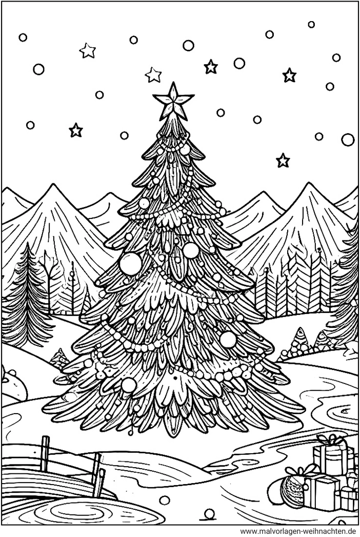 weihnachtslandschaft-tannenbaum-ausmalbild