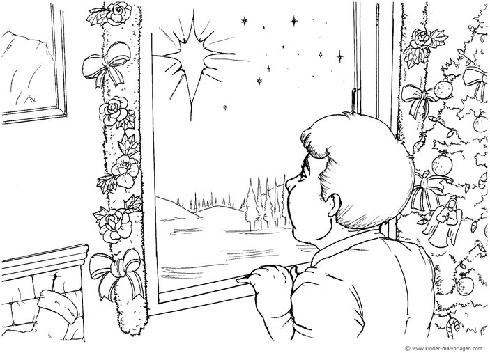 weihnachtsmalvorlage-junge-sieht-aus-dem-fenster-mit-sternen
