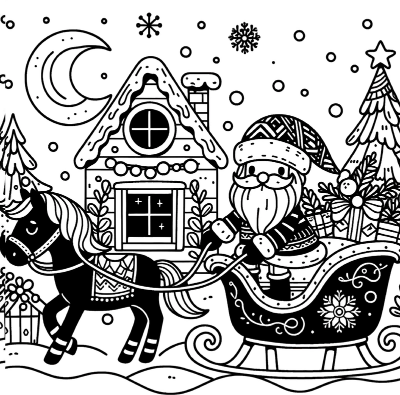 weihnachtsmann-im-schlitten-mit-pferd-ausmalbild
