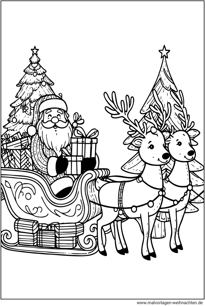weihnachtsmann-im-schlitten-mit-rentieren-ausmalbild