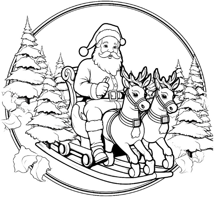 weihnachtsmann-im-schlitten-mit-rentieren-umgeben-von-tannen