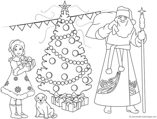 weihnachtsmann-maedchen-weihnachtsbaum-ausmalvorlage