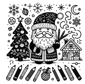 weihnachtsmann-mit-baum-und-huette-ausmalvorlage