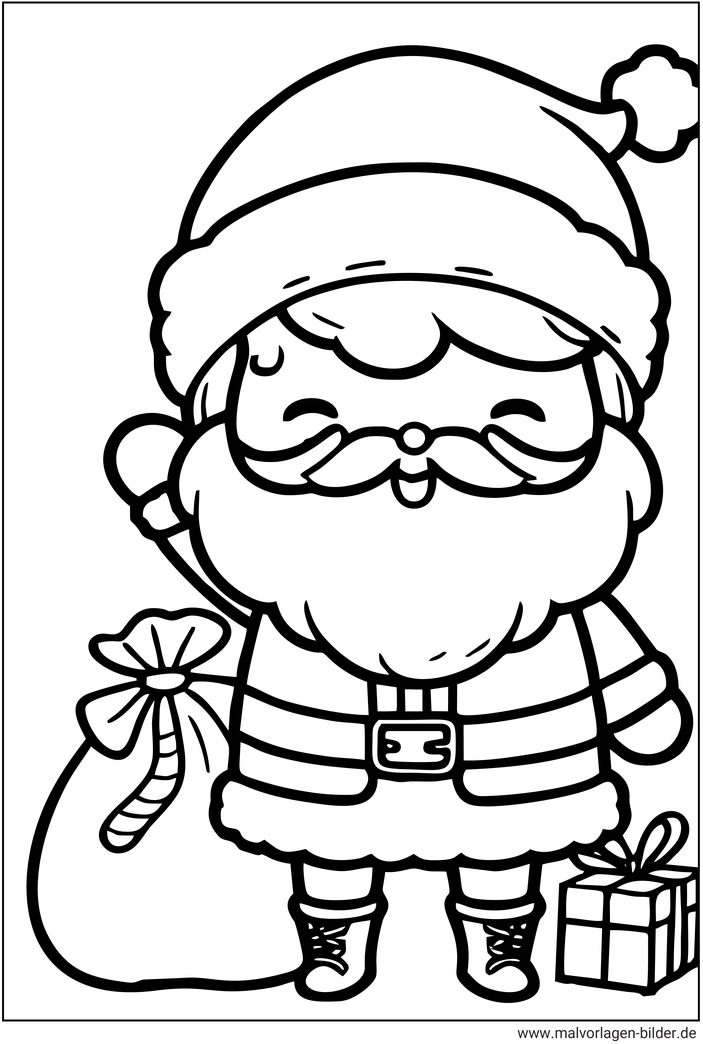 weihnachtsmann-mit-geschenk-und-sack-ausmalbild