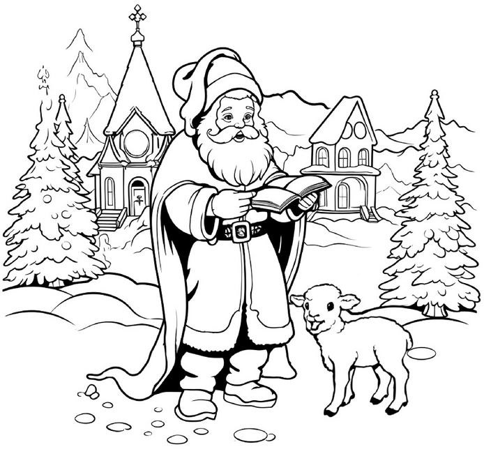weihnachtsmann-mit-lamm-in-verschneiter-landschaft