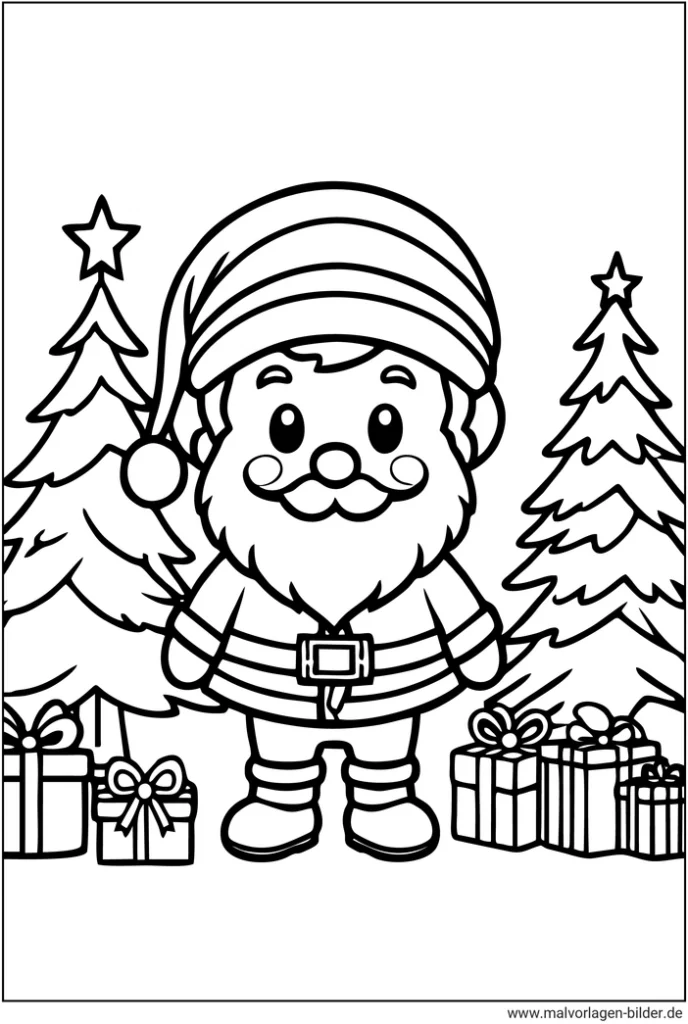 weihnachtsmann-mit-tannenbaum-und-geschenken-ausmalvorlage