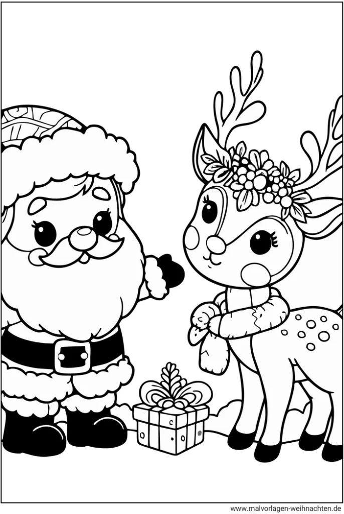 weihnachtsmann-rentier-und-geschenke-malvorlage