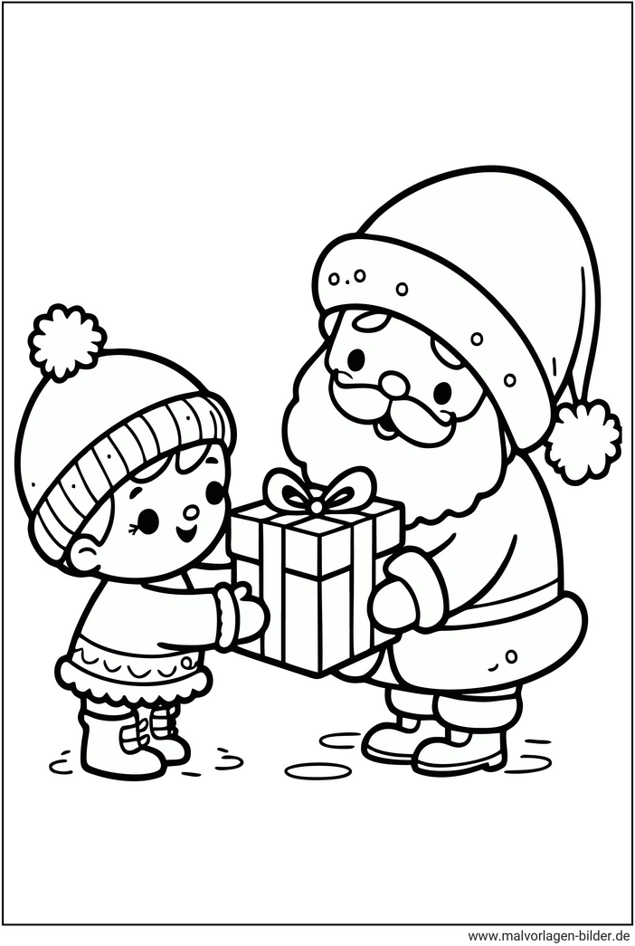 weihnachtsmann-und-kind-mit-geschenk-ausmalbild