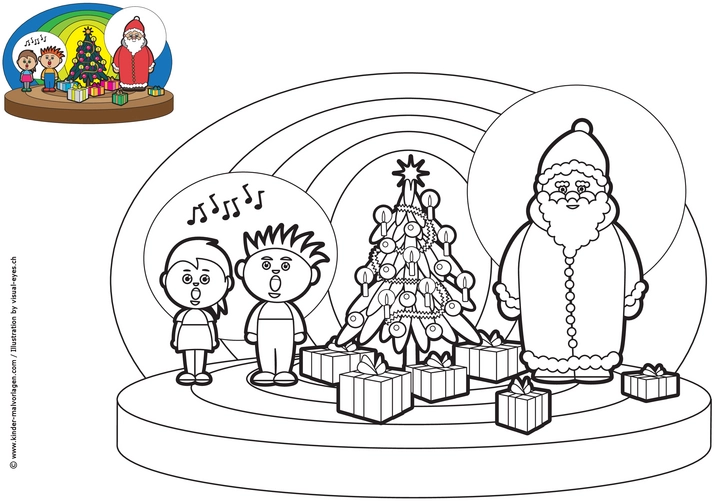 weihnachtsmann-und-kinder-weihnachtsbaum-ausmalvorlage