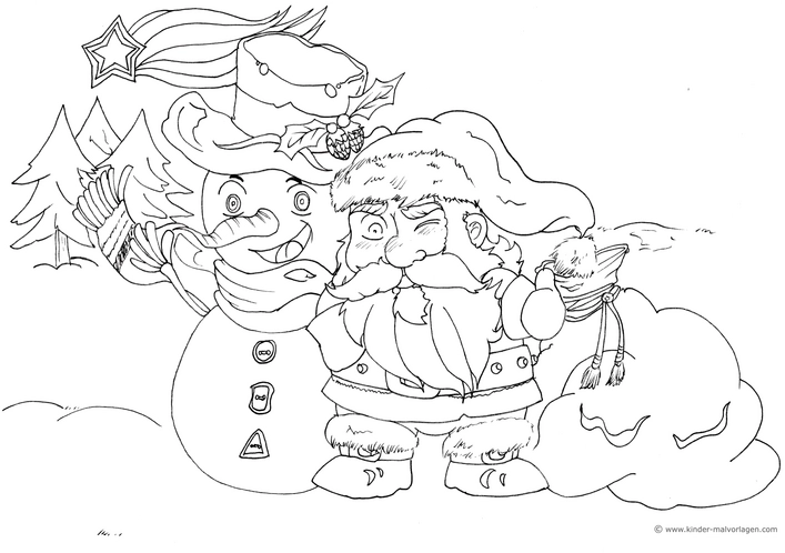 weihnachtsmann-und-schneemann-in-winterlandschaft