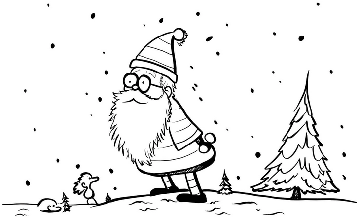 weihnachtsmann-verschneite-landschaft-ausmalvorlage