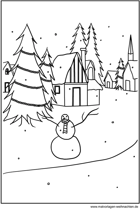 winterdorf-mit-schneemann-ausmalvorlage