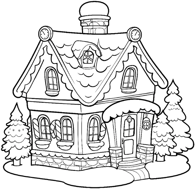 winterhaus-mit-tannenbaeumen-und-uhren