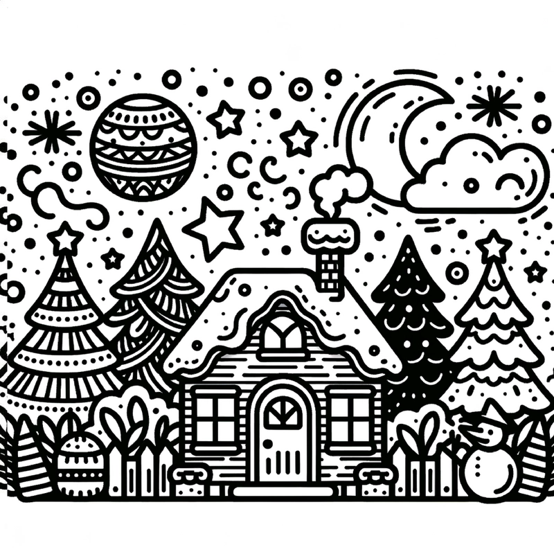 winterlandschaft-huette-schneemann-malvorlage