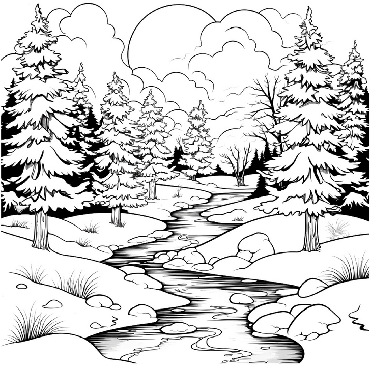 winterlandschaft-mit-nadelbaeumen-und-bach