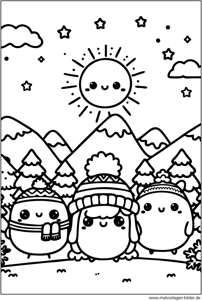 winterlandschaft-mit-niedlichen-charakteren-ausmalbild