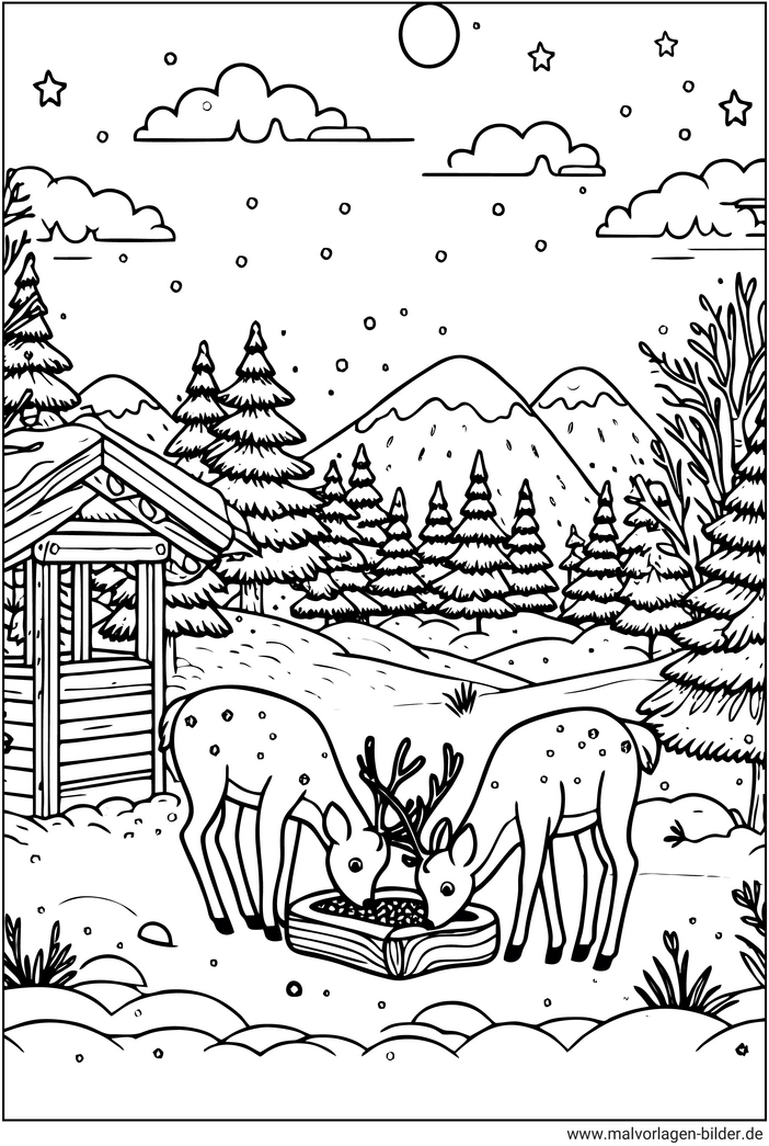 winterlandschaft-rehe-ausmalvorlage