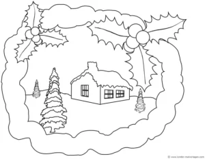 winterliches-haus-mit-stechpalme-ausmalvorlage