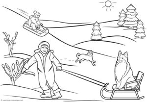 winterspiel-kinder-und-tiere-ausmalvorlage