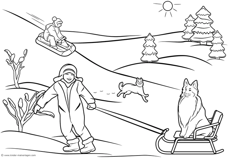 winterspiel-kinder-und-tiere-ausmalvorlage