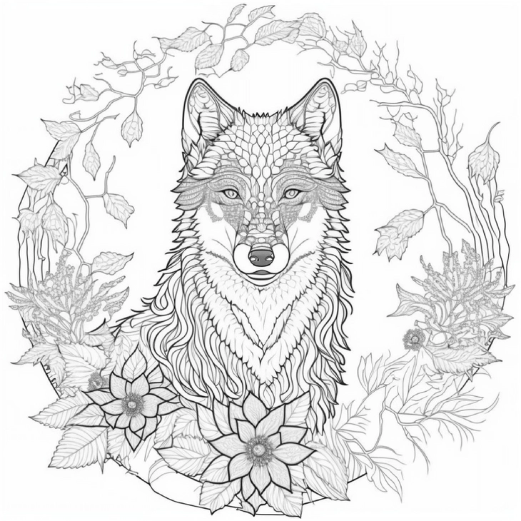 wolf-im-blumenkranz-malen-ausmalvorlage