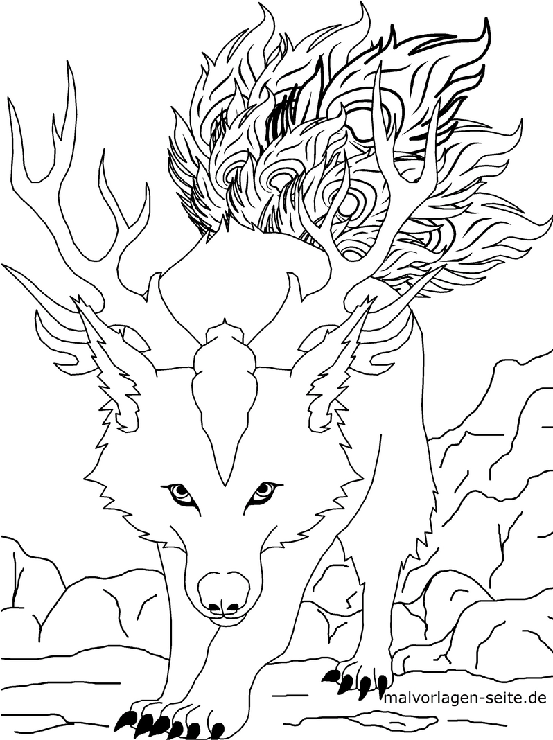 wolf-mit-feurigen-hoernern-ausmalvorlage