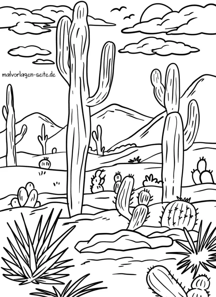 wuestenlandschaft-mit-kaktus-ausmalvorlage