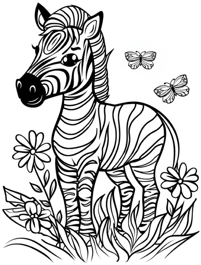 zebra-mit-blumen-und-schmetterlingen-malvorlage
