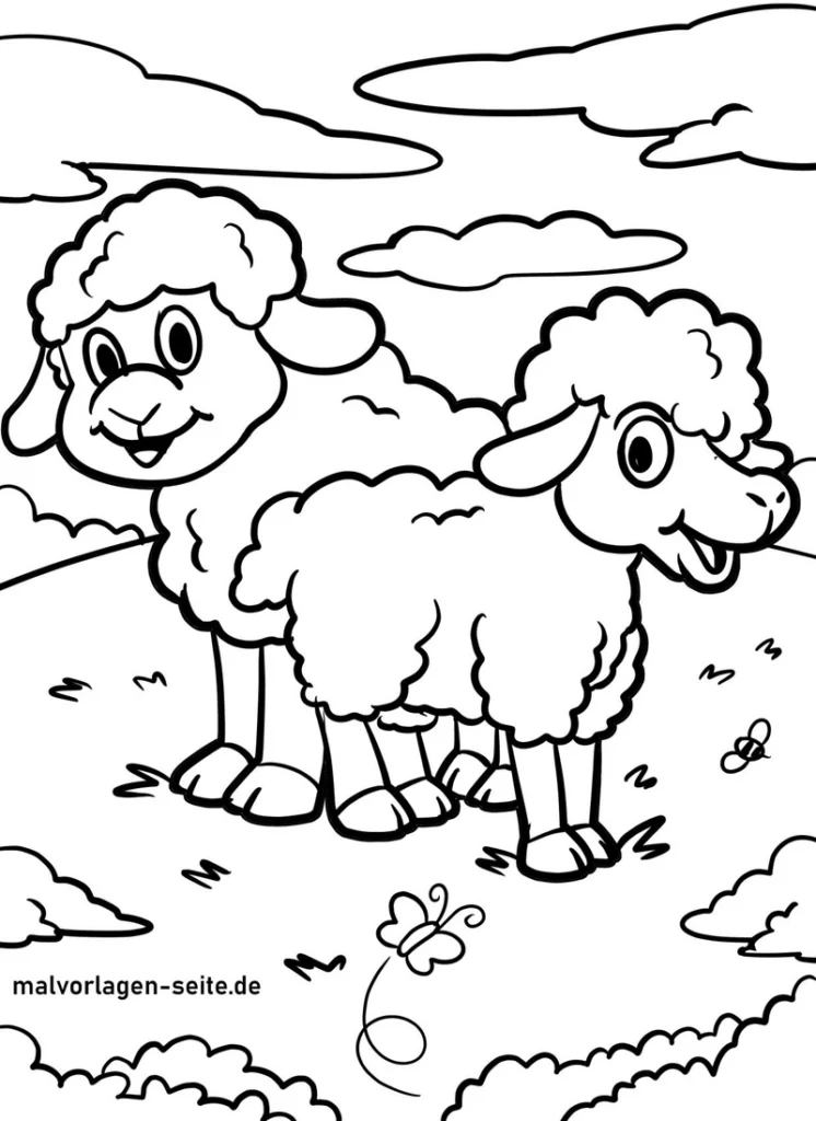 zwei-schafe-auf-wiese-malvorlage